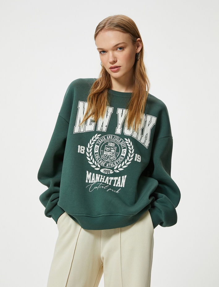  Şardonlu Oversize Sweatshirt Kolej Baskılı Bisiklet Yaka Uzun Kollu