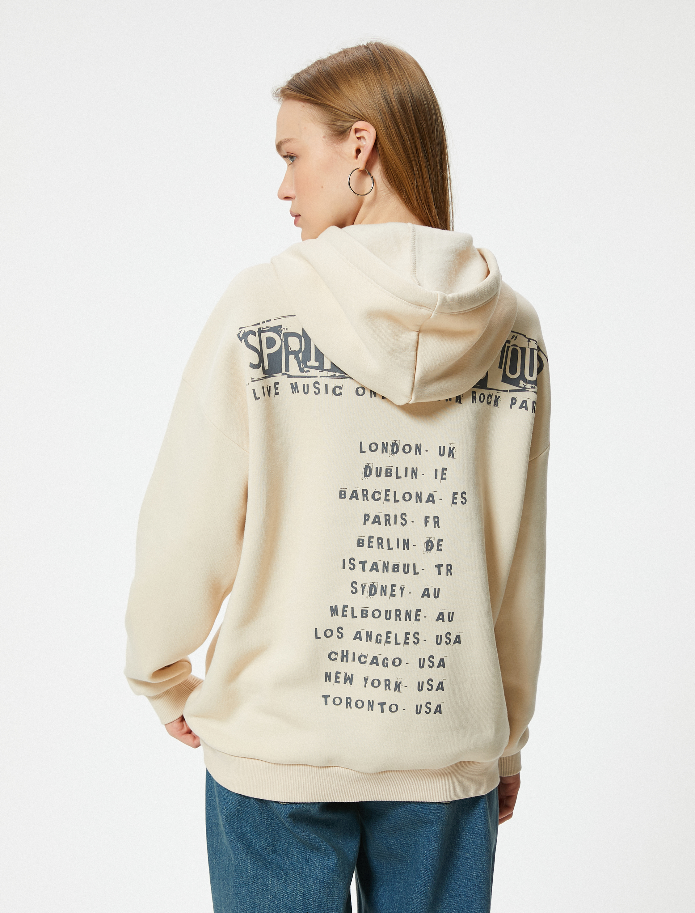   Şardonlu Oversize Kapüşonlu Sweatshirt Slogan Baskılı Uzun Kollu