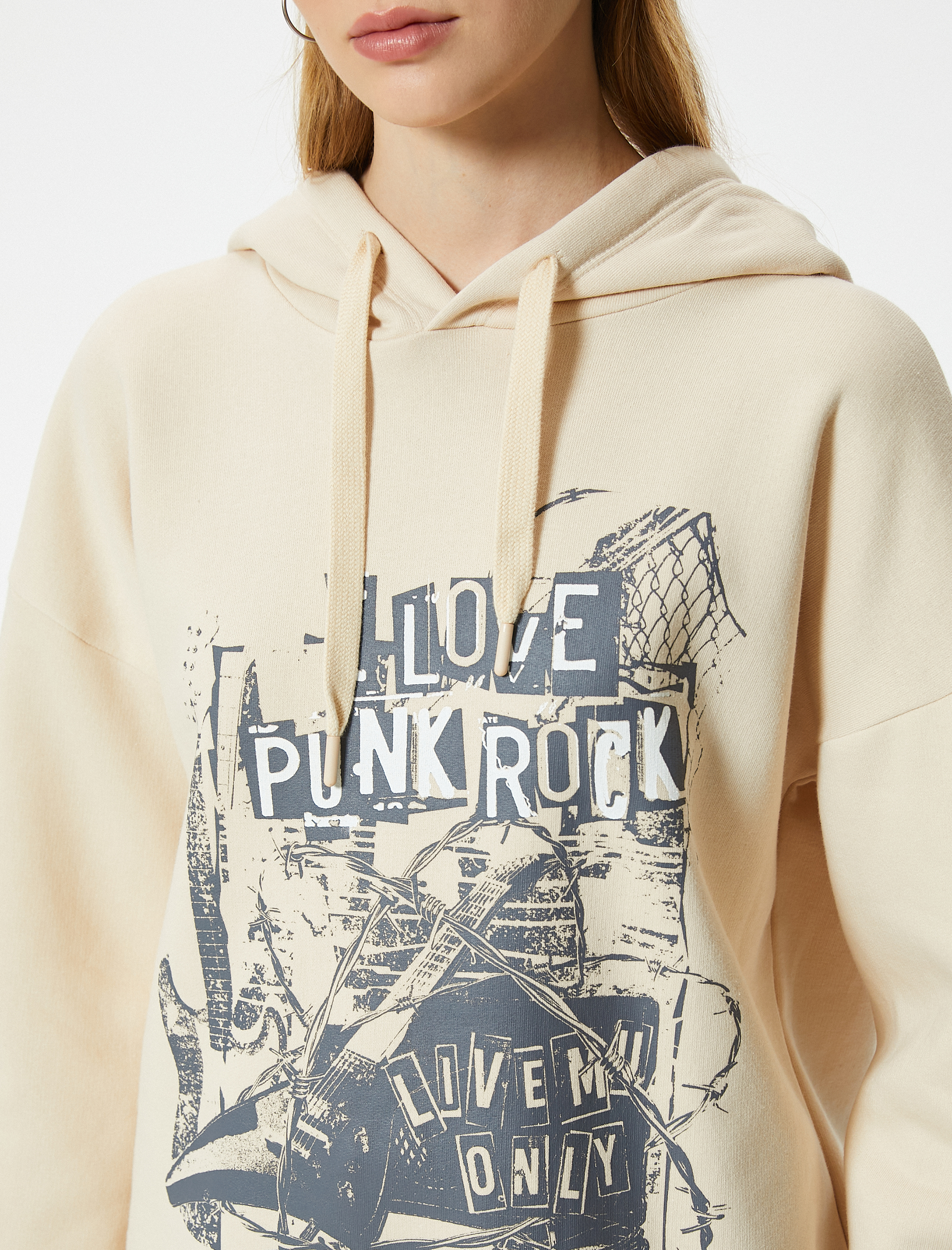   Şardonlu Oversize Kapüşonlu Sweatshirt Slogan Baskılı Uzun Kollu