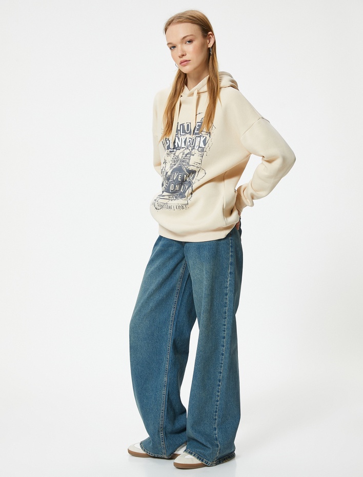  Şardonlu Oversize Kapüşonlu Sweatshirt Slogan Baskılı Uzun Kollu