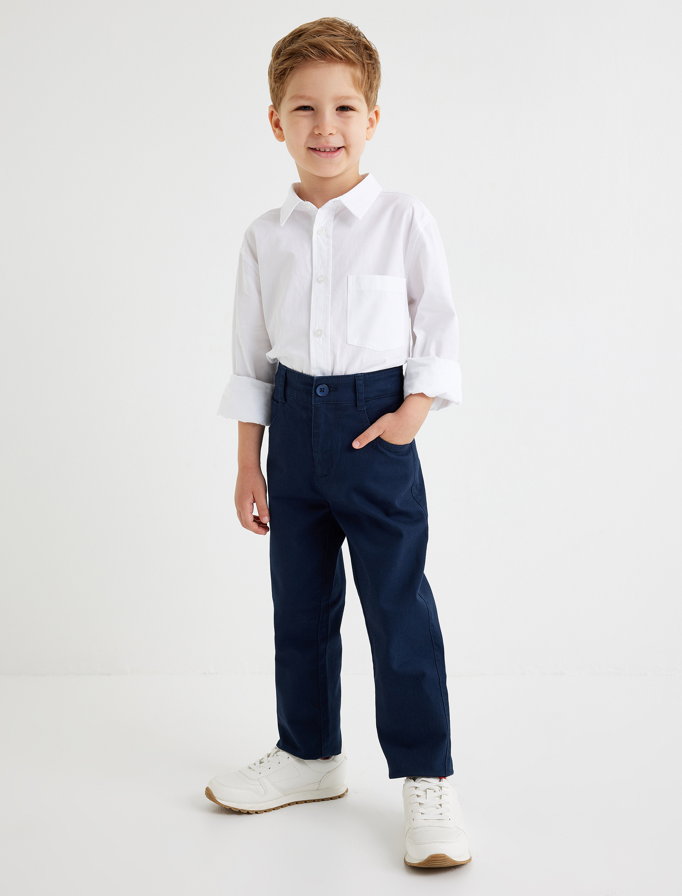  Erkek Çocuk Uzun Kollu Tek Cepli Pamuklu Basic Gömlek