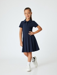 Kısa Kollu Düğme Detaylı Pamuklu Gömlek Yaka Okul Elbisesi