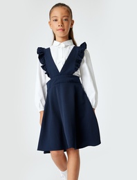 V Yaka Fırfır Detaylı Askılı Okul Jile Elbise