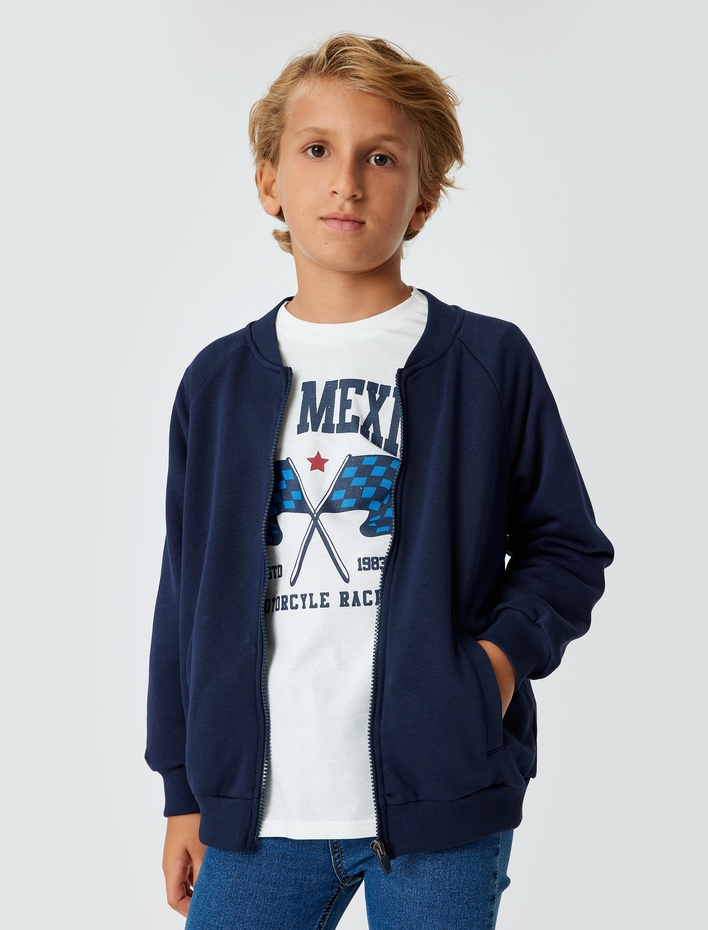 Erkek Çocuk Cep Detaylı Pamuklu Fermuarlı Sweatshirt