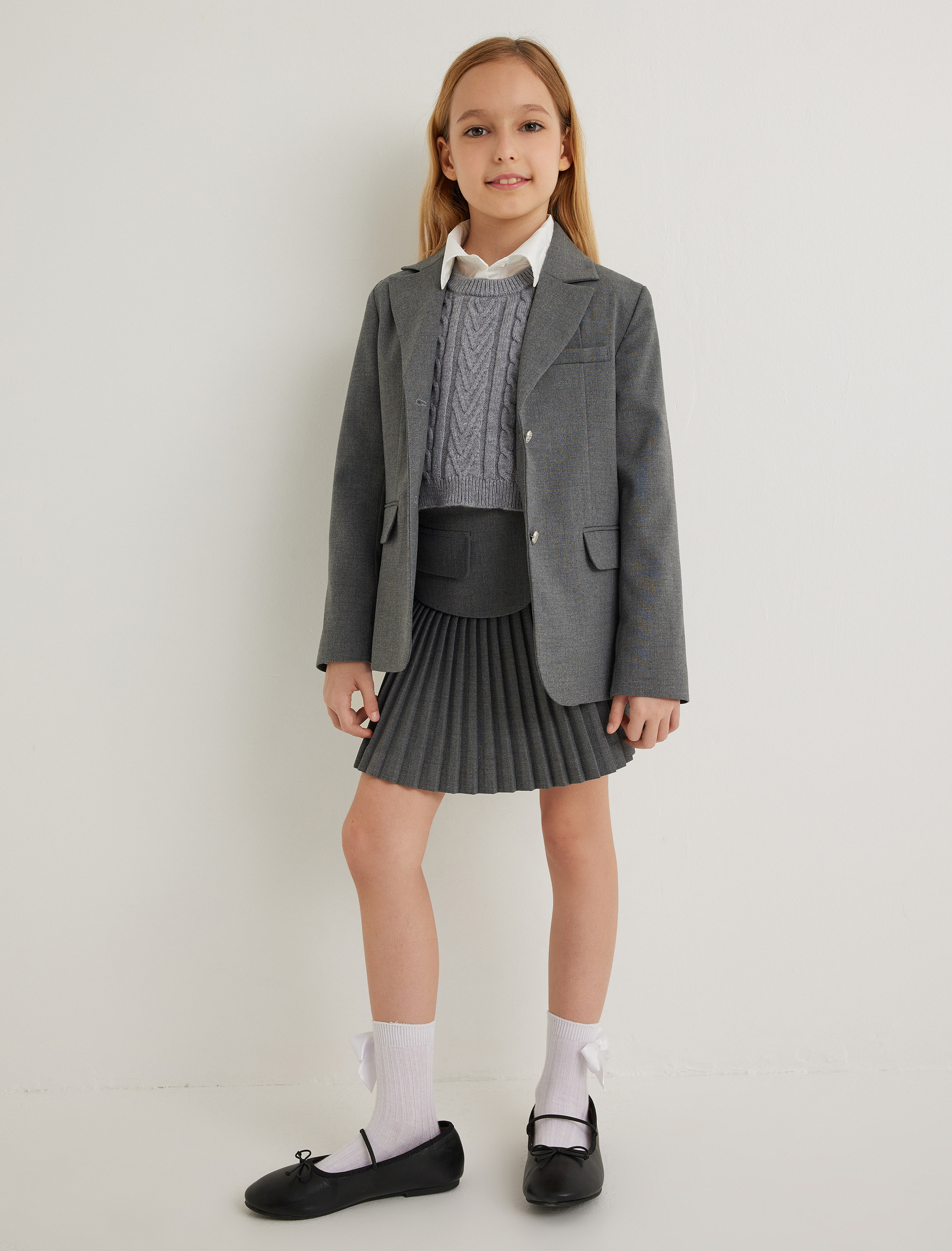  Kız Çocuk Klasik Yaka Cep Detaylı Uzun Kollu Düğmeli Blazer Okul Ceketi
