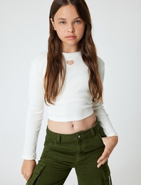 Basic Crop Tişört Kalp Pencere Detaylı Uzun Kollu Bisiklet Yaka