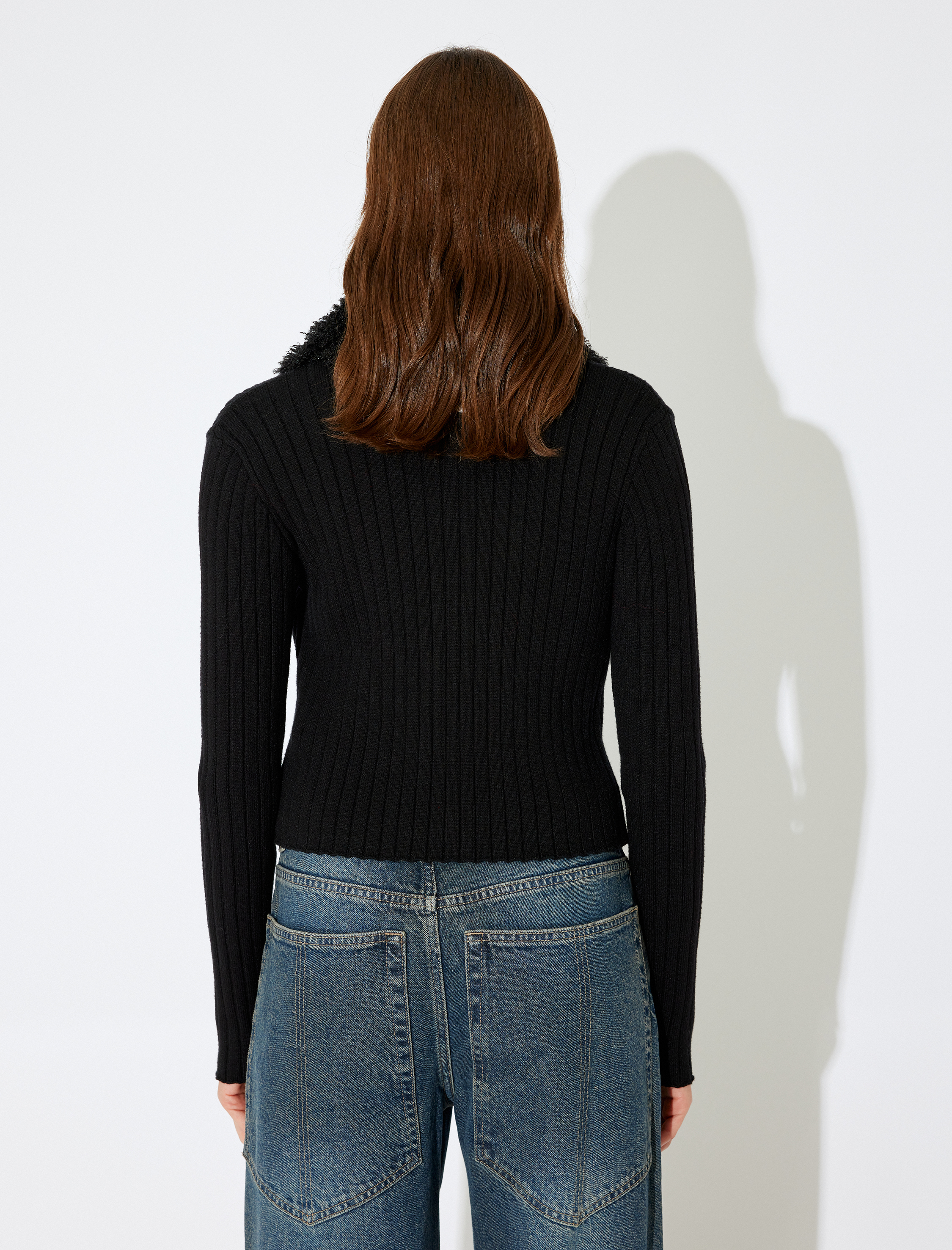   Suni Kürk Yakalı Triko Hırka Slim Fit Uzun Kollu