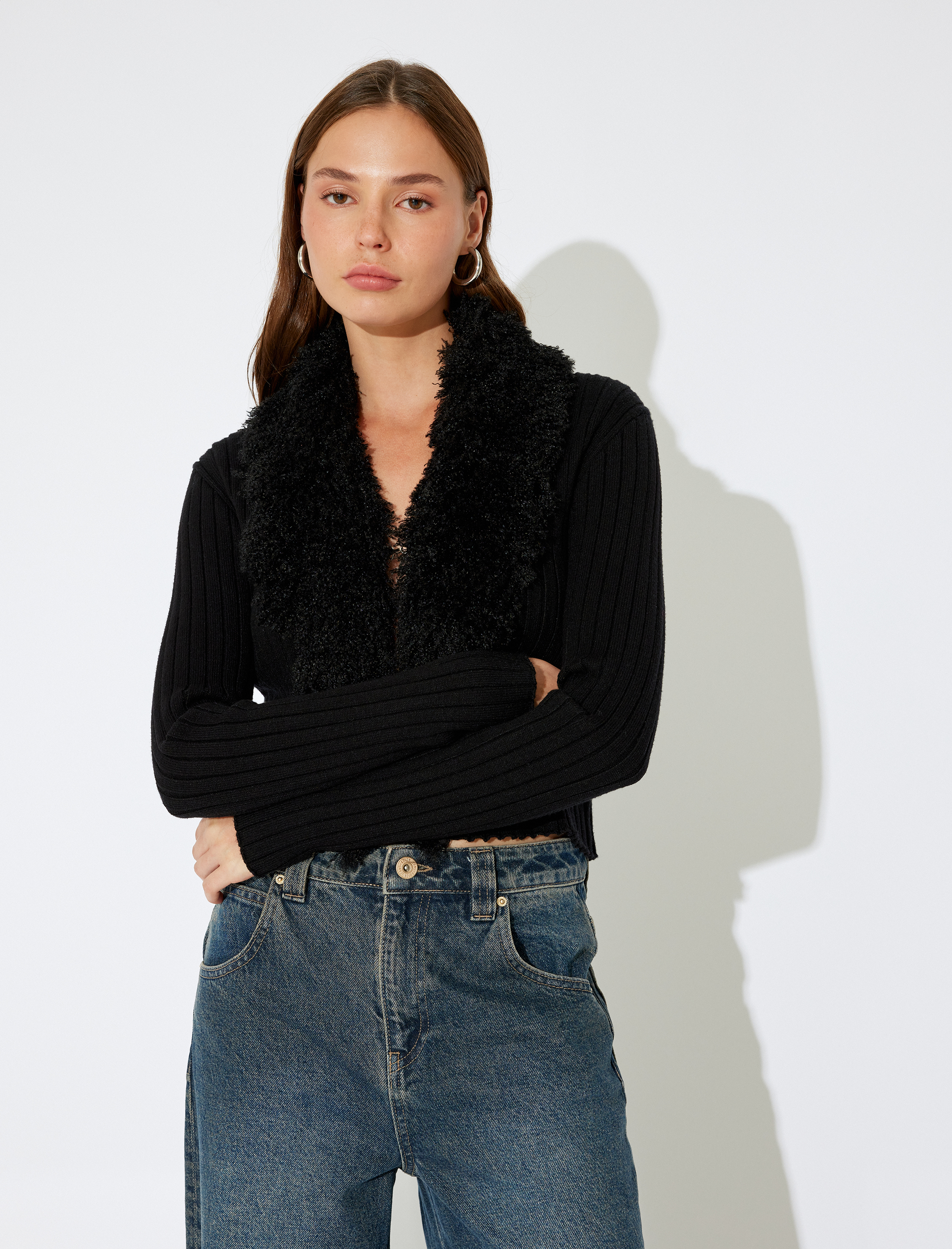   Suni Kürk Yakalı Triko Hırka Slim Fit Uzun Kollu