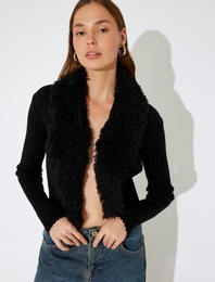 Suni Kürk Yakalı Triko Hırka Slim Fit Uzun Kollu