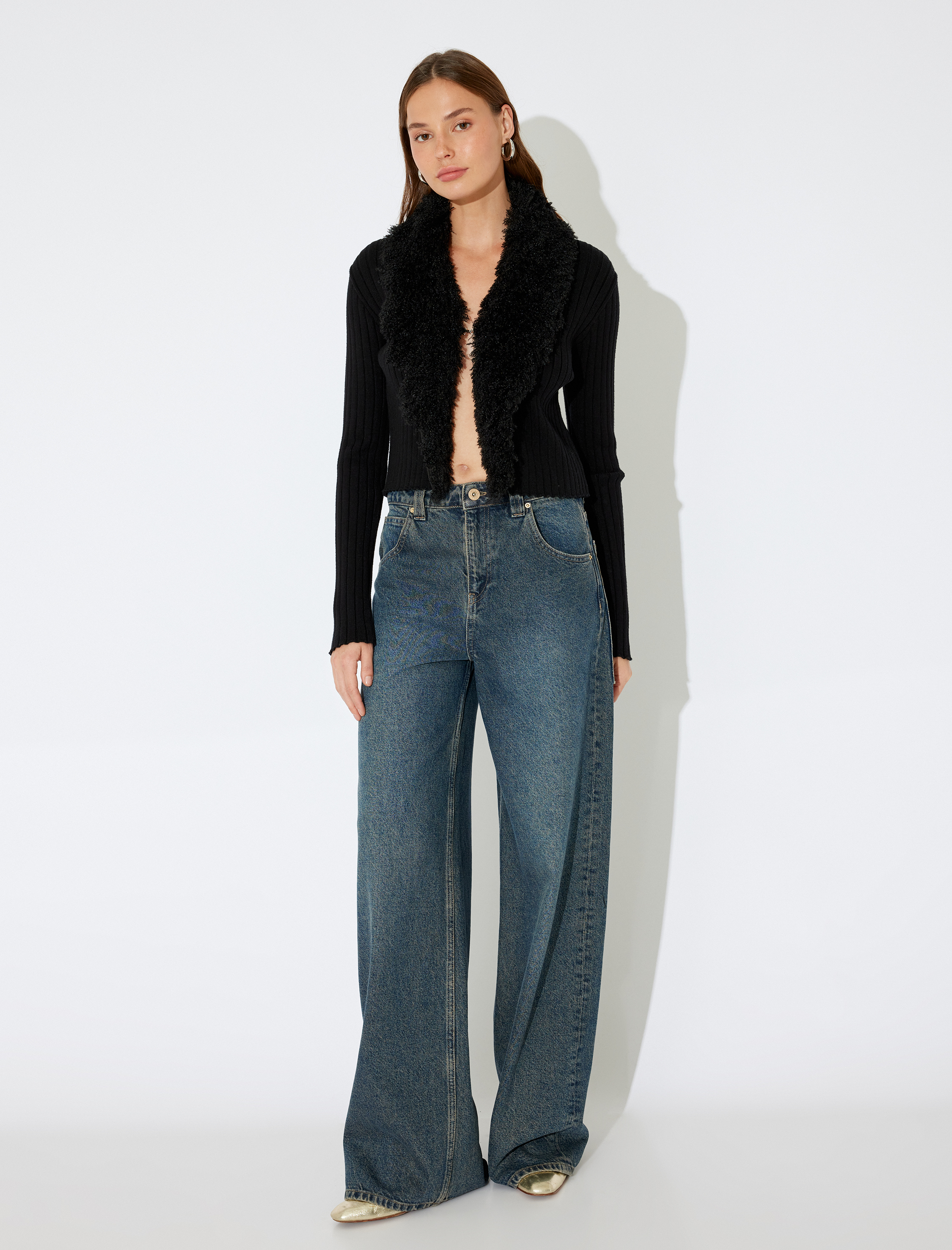   Suni Kürk Yakalı Triko Hırka Slim Fit Uzun Kollu