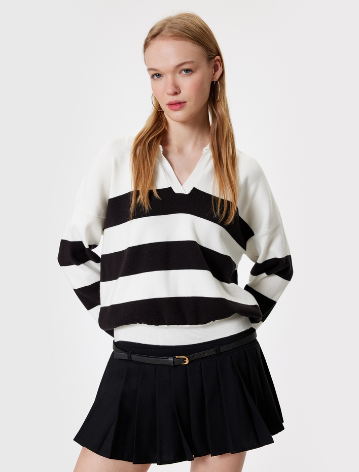  Polo Yaka Renk Bloklu Triko Uzun Kollu Kazak