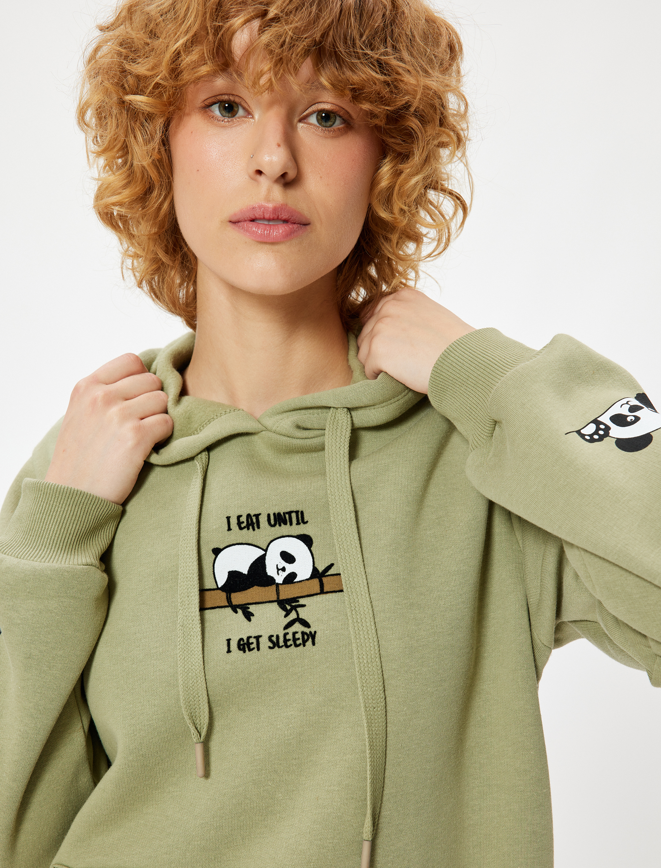  Şardonlu Oversize Kapüşonlu Sweatshirt Panda İşlemeli Kanguru Cepli