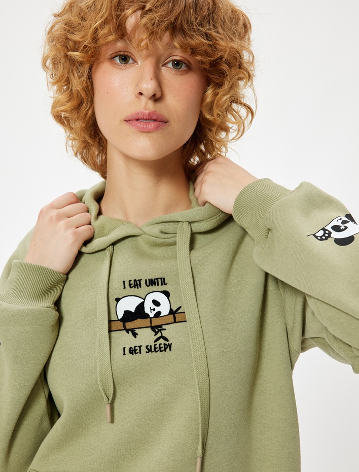  Şardonlu Oversize Kapüşonlu Sweatshirt Panda İşlemeli Kanguru Cepli