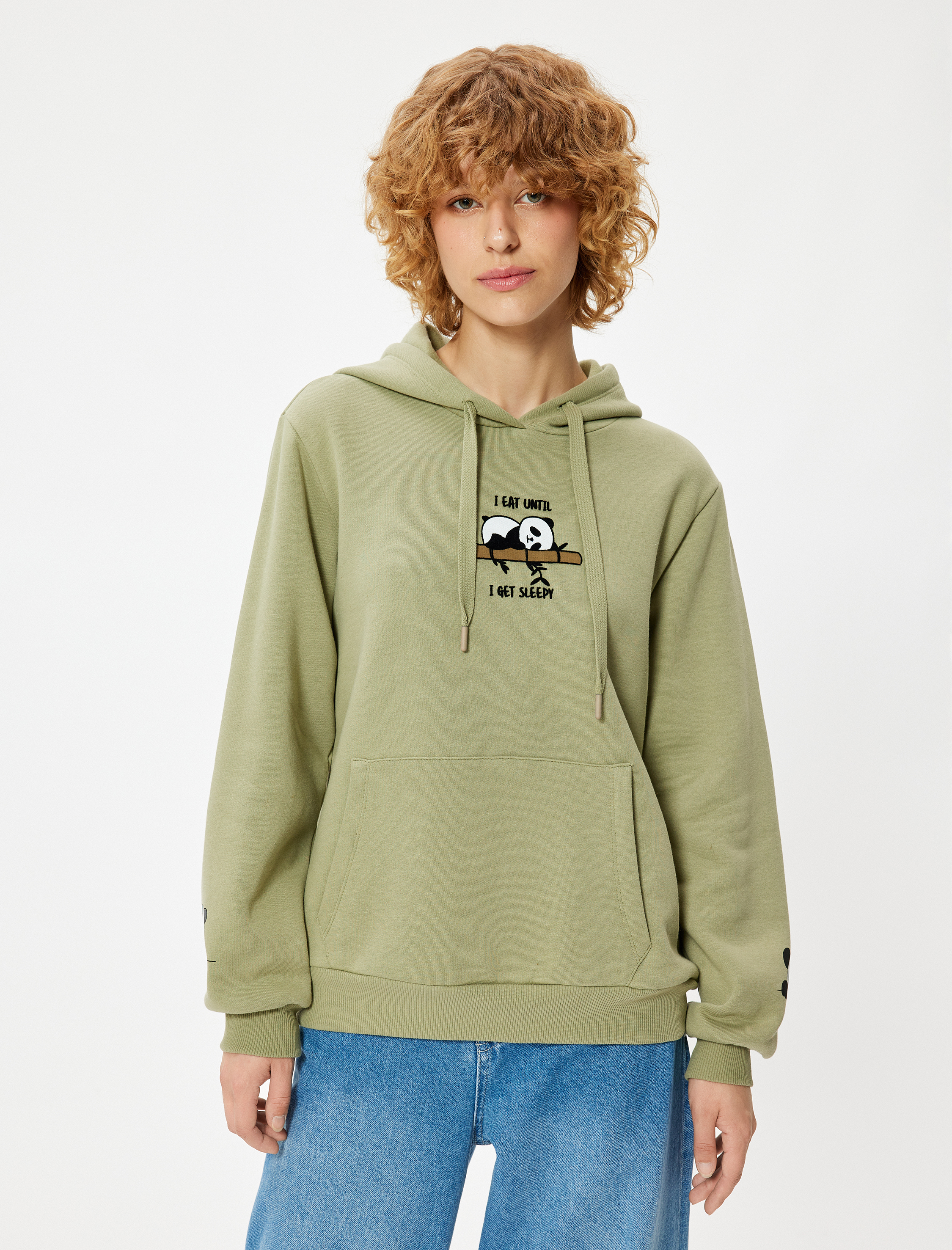   Şardonlu Oversize Kapüşonlu Sweatshirt Panda İşlemeli Kanguru Cepli