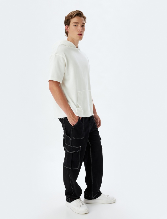  Oversize Tişört Kapşonlu Kısa Kollu Kanguru Cep Detaylı Pamuk Karışımlı