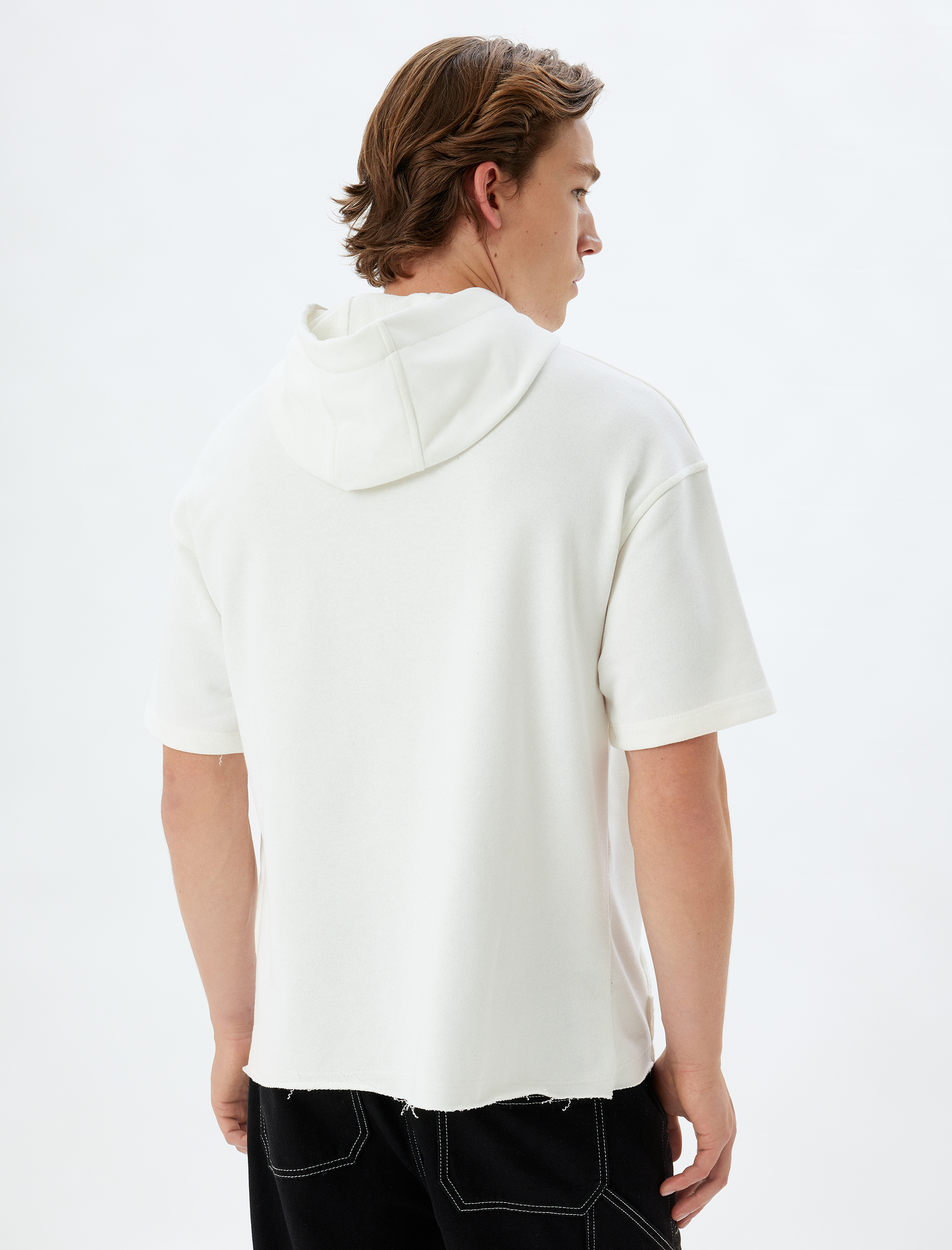   Oversize Tişört Kapşonlu Kısa Kollu Kanguru Cep Detaylı Pamuk Karışımlı