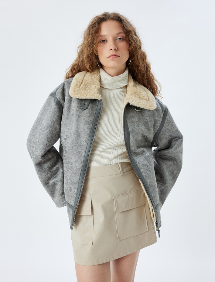  Oversize Suni Deri Ceket Klasik Peluş Yaka Fermuarlı Cep Detaylı