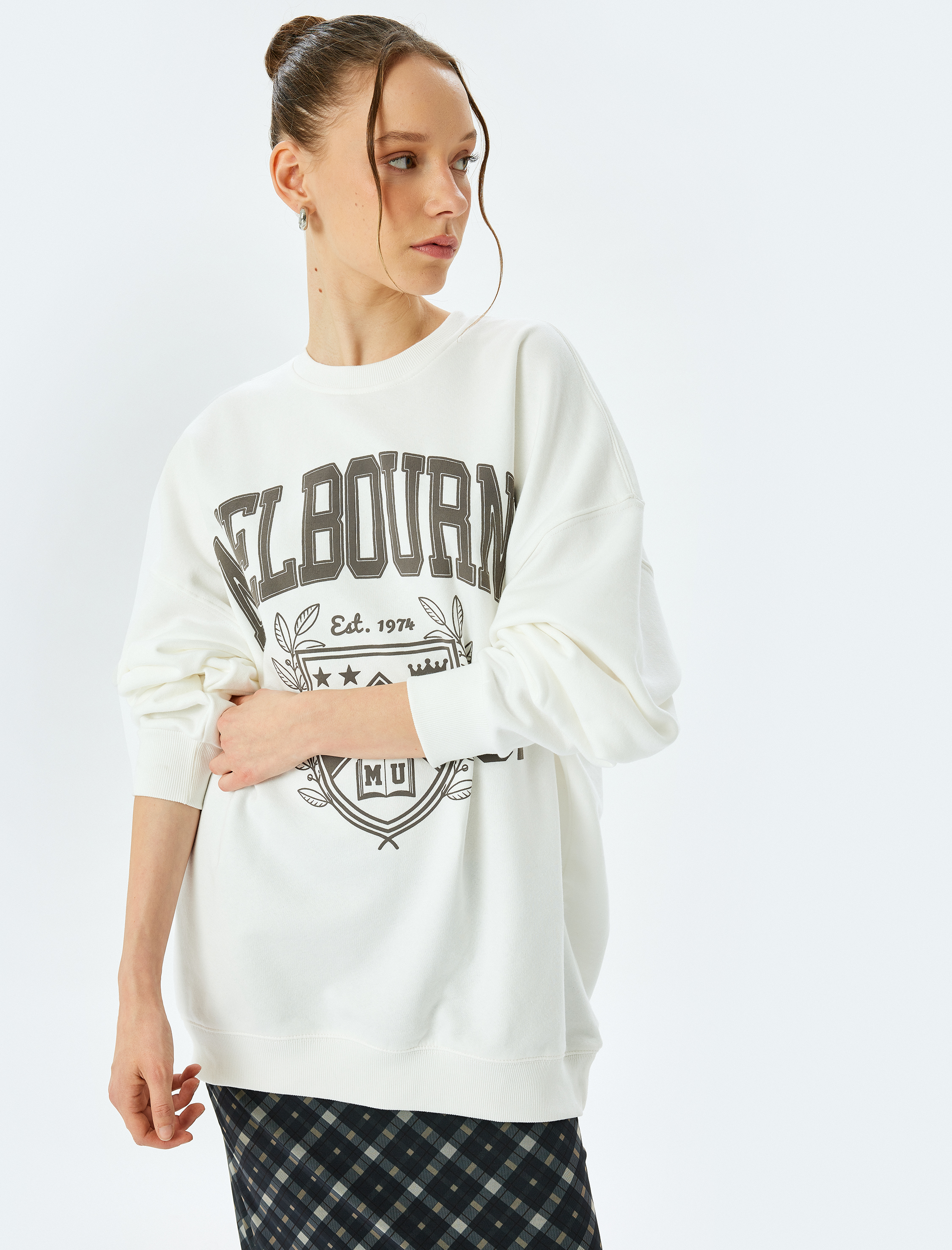   Oversize Bisiklet Yaka Kolej Baskılı Şardonlu Sweatshirt