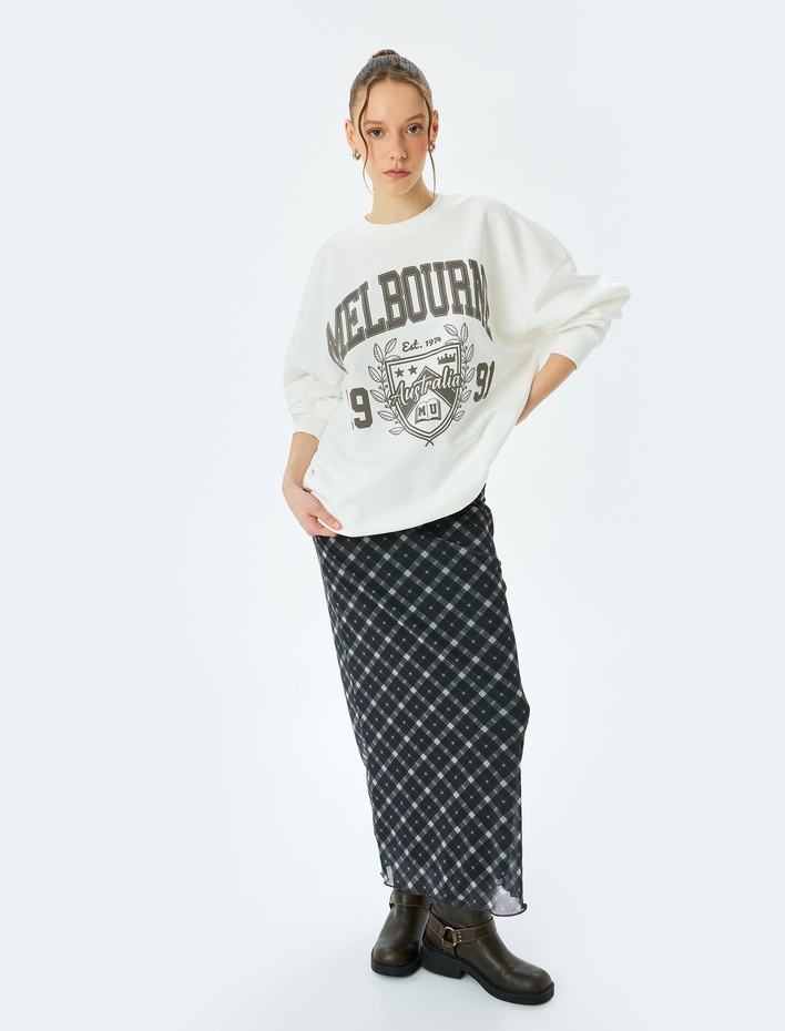  Oversize Bisiklet Yaka Kolej Baskılı Şardonlu Sweatshirt