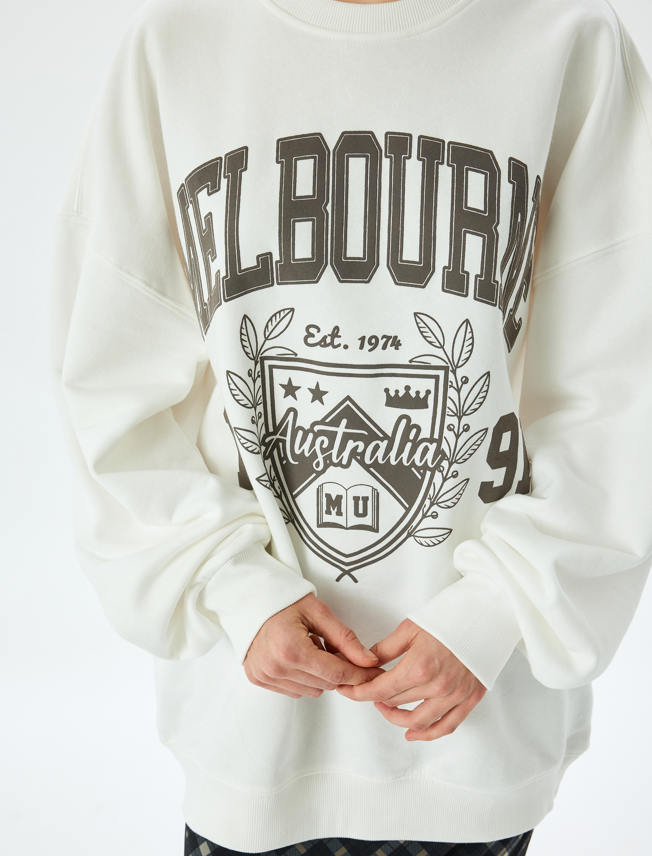   Oversize Bisiklet Yaka Kolej Baskılı Şardonlu Sweatshirt