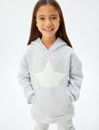 Kapşonlu Sweatshirt Kanguru Cepli Uzun Kollu Yıldız Baskılı Şardonlu