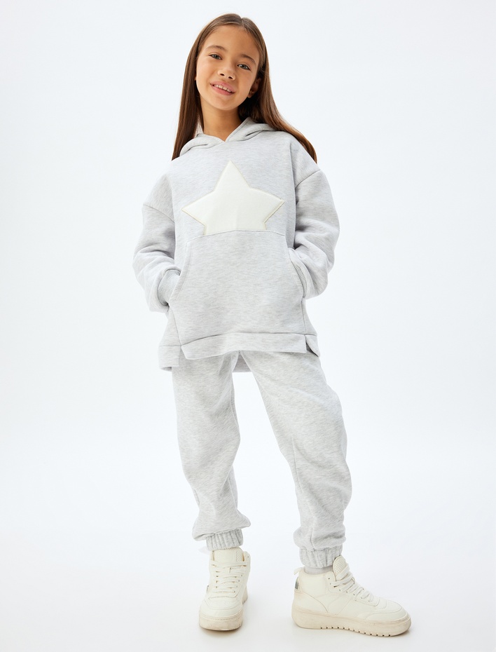 Kız Çocuk Kapşonlu Sweatshirt Kanguru Cepli Uzun Kollu Yıldız Baskılı Şardonlu