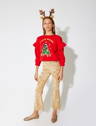 Ponpon Detaylı Fırfırlı Uzun Kollu Yılbaşı Temalı Şardonlu Sweatshirt