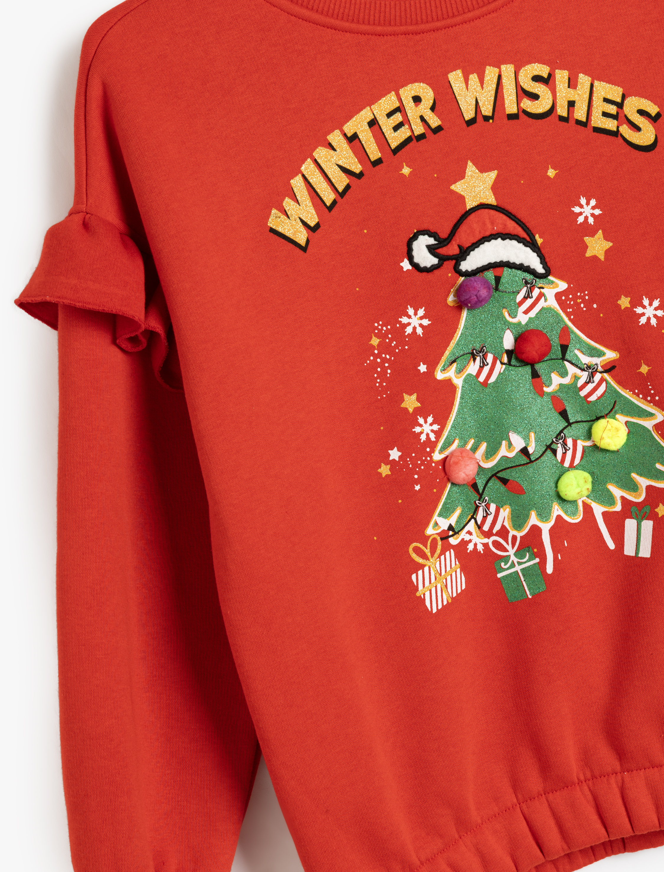  Kız Çocuk Ponpon Detaylı Fırfırlı Uzun Kollu Yılbaşı Temalı Şardonlu Sweatshirt