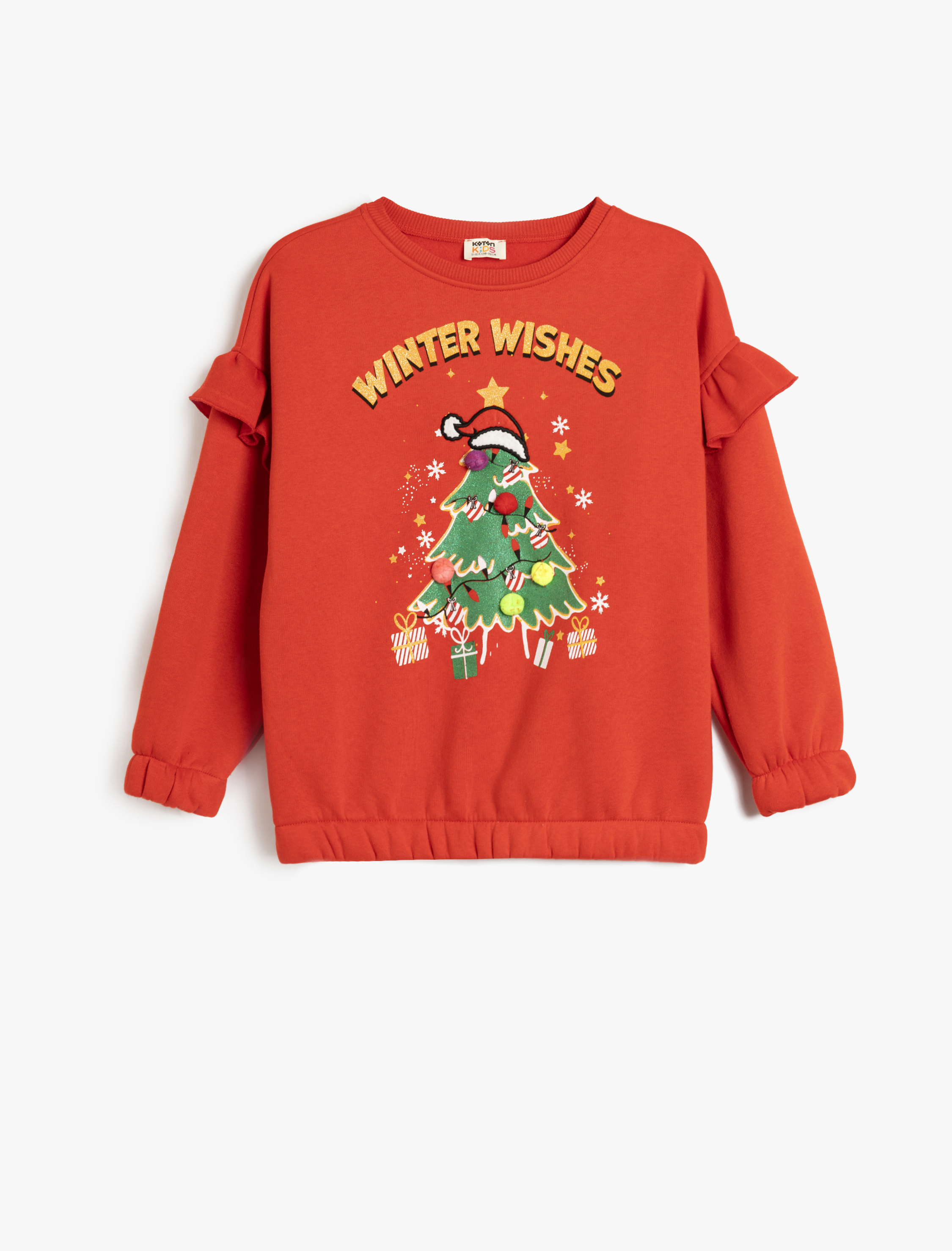  Kız Çocuk Ponpon Detaylı Fırfırlı Uzun Kollu Yılbaşı Temalı Şardonlu Sweatshirt