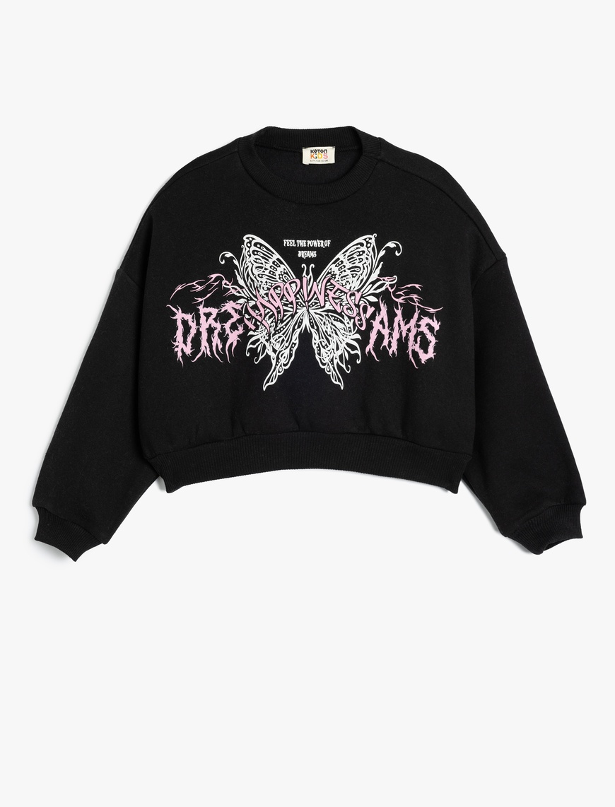 Koton Crop Sweatshirt Kelebek Baskılı Uzun Kollu Bisiklet Yaka