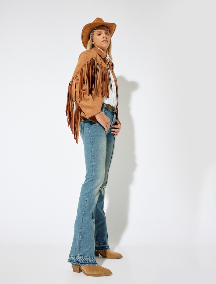  Normal Bel Düğmeli Cepli İspanyol Paça Denim Pantolon - Flare Jean