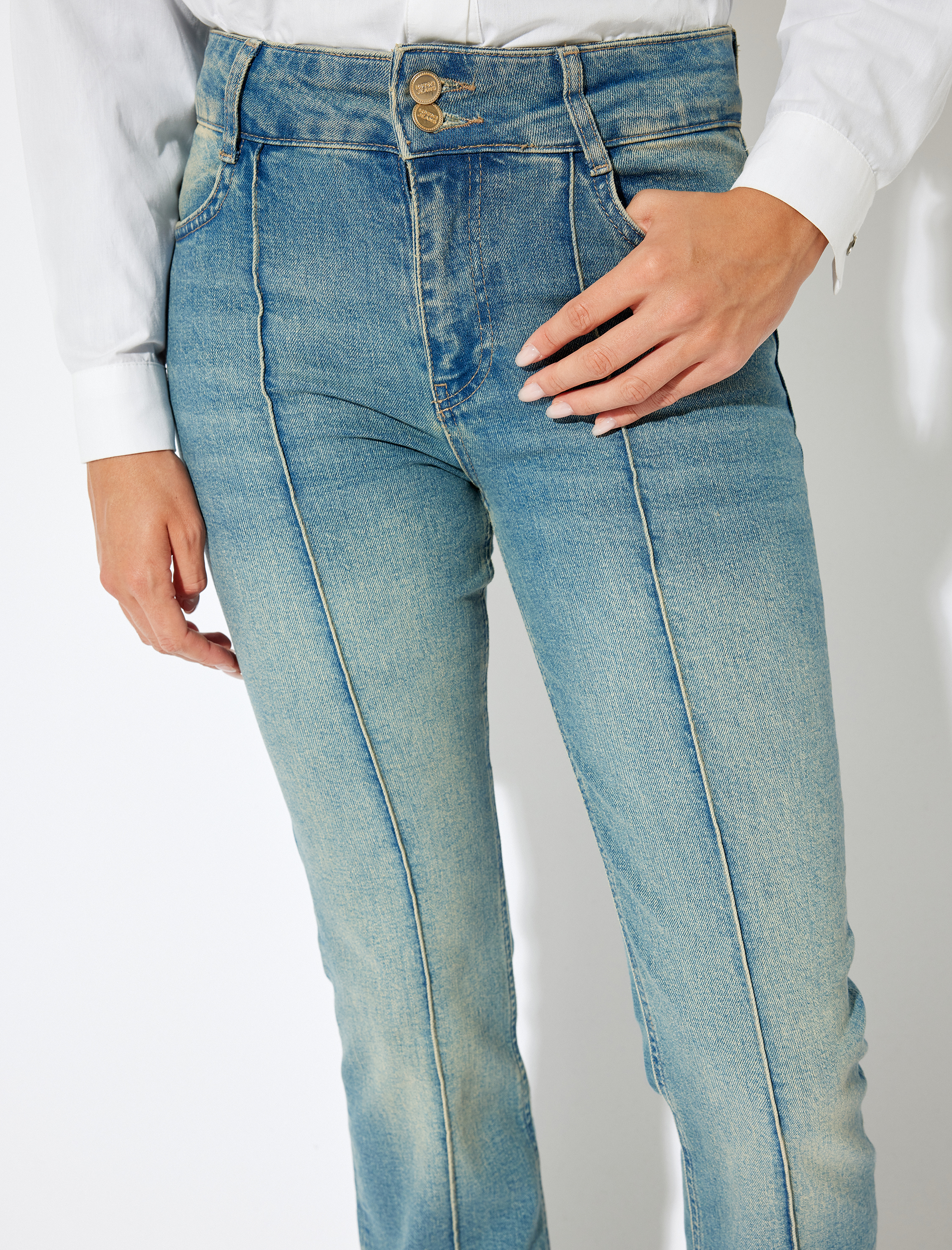   Normal Bel Düğmeli Cepli İspanyol Paça Denim Pantolon - Flare Jean