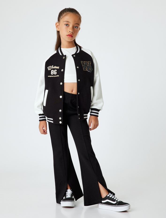 Kız Çocuk İspanyol Paça Pantolon Yırtmaç Detaylı Viskon Kumaş