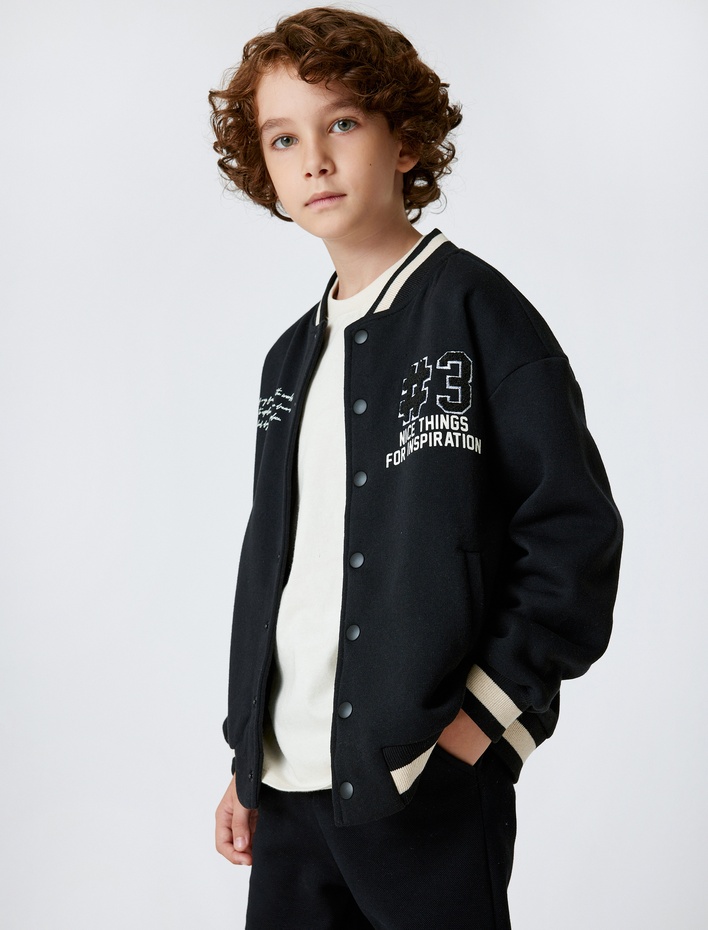 Erkek Çocuk Kolej Ceket Aplike Detaylı Cepli Yuvarlak Yaka Şardonlu