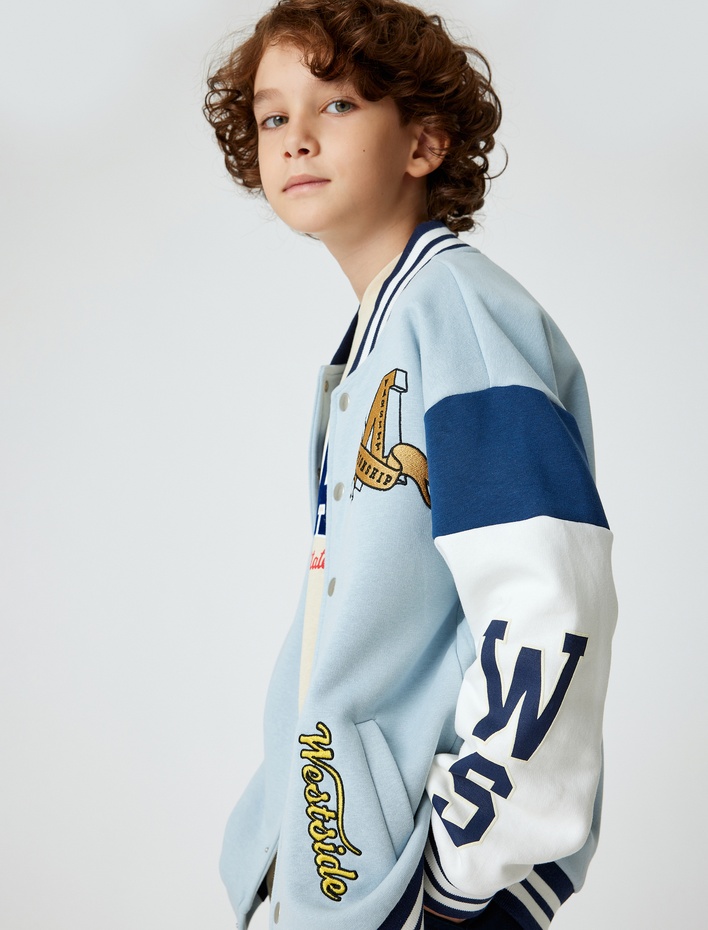 Erkek Çocuk Oversize Kolej Ceket Aplike Detaylı Cepli Yuvarlak Yaka Pamuklu Şardonlu