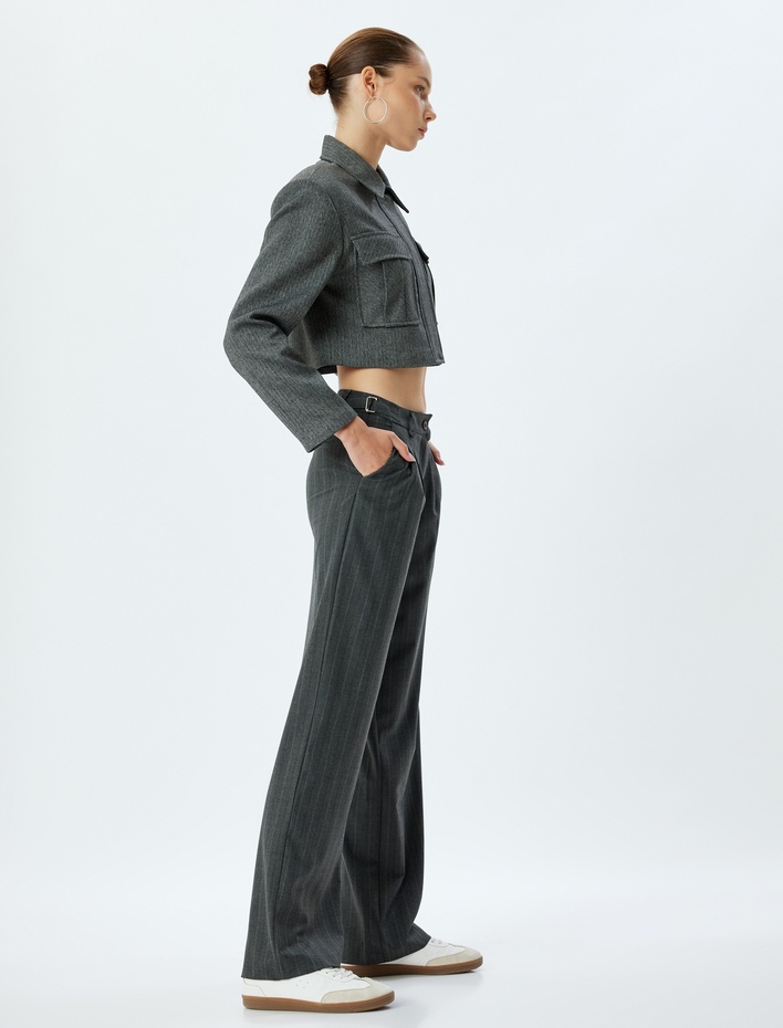  Kumaş Pantolon Düz Paça Standart Bel Düğmeli Kemer Detaylı Viskon Karışımlı