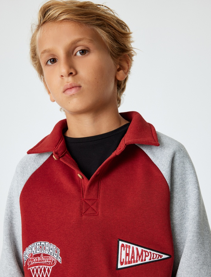 Erkek Çocuk Sweatshirt Polo Yaka İşleme Detaylı Düğmeli Uzun Kollu Şardonlu