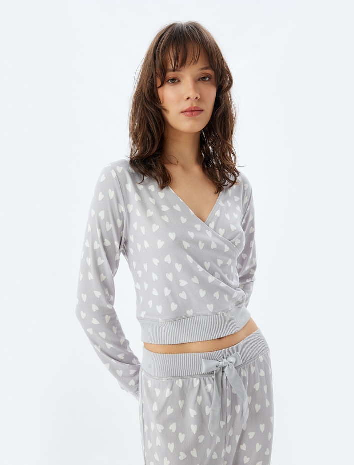  Kalpli Pijama Üstü Polar Kruvaze V Yaka Uzun Kollu