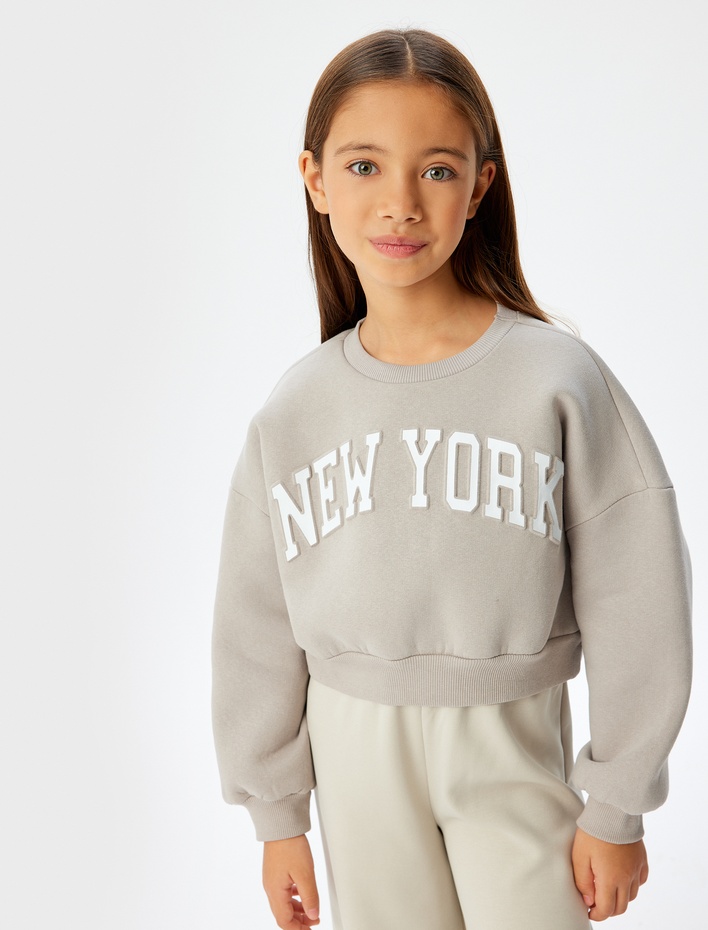 Kız Çocuk Crop Sweatshirt Oversize Slogan Baskılı Bisiklet Yaka Şardonlu Pamuk Karışımlı