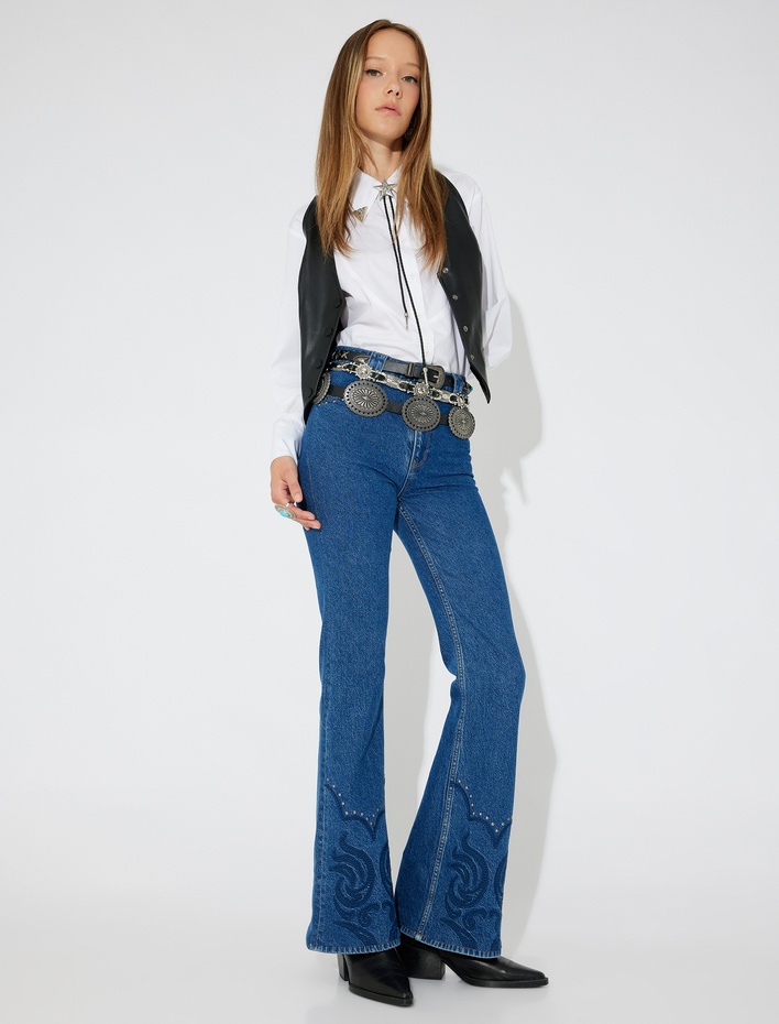  Nakışlı İspanyol Paça Kot Pantolon Boncuk İşlemeli - Flare Jeans