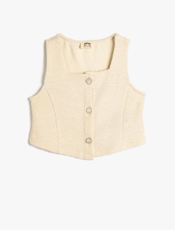 Kız Çocuk Tüvit Krop Yelek Kare Yaka Kolsuz İnci Düğmeli