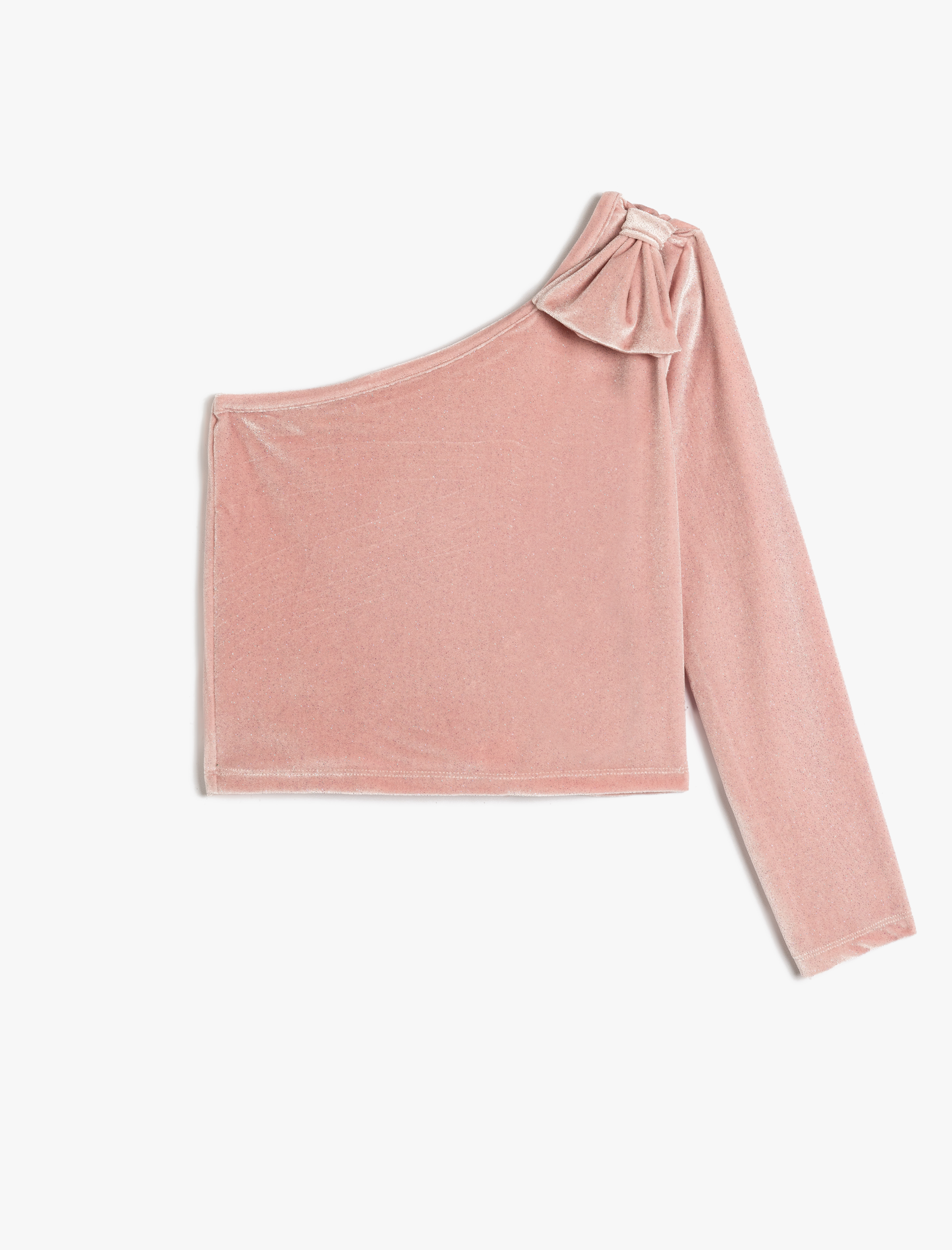  Kız Çocuk Fiyonk Detaylı Tek Omuz Uzun Kollu Kadife Bluz