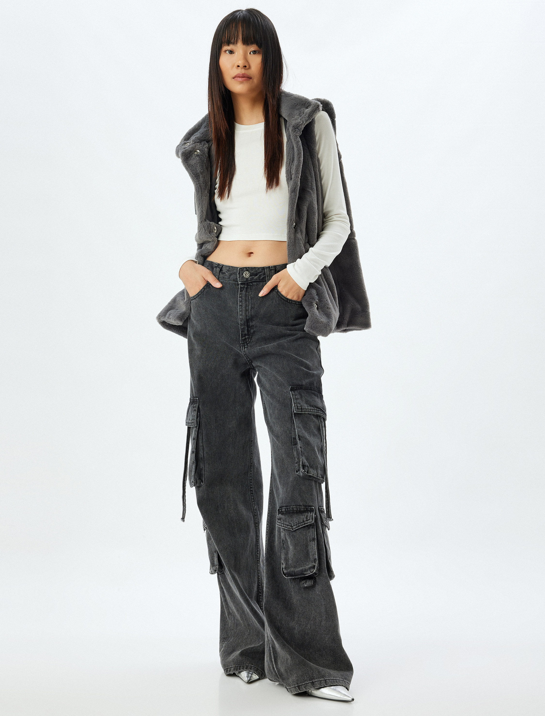   Kapüşonlu Çıtçıt Düğmeli Suni Kürk Yelek