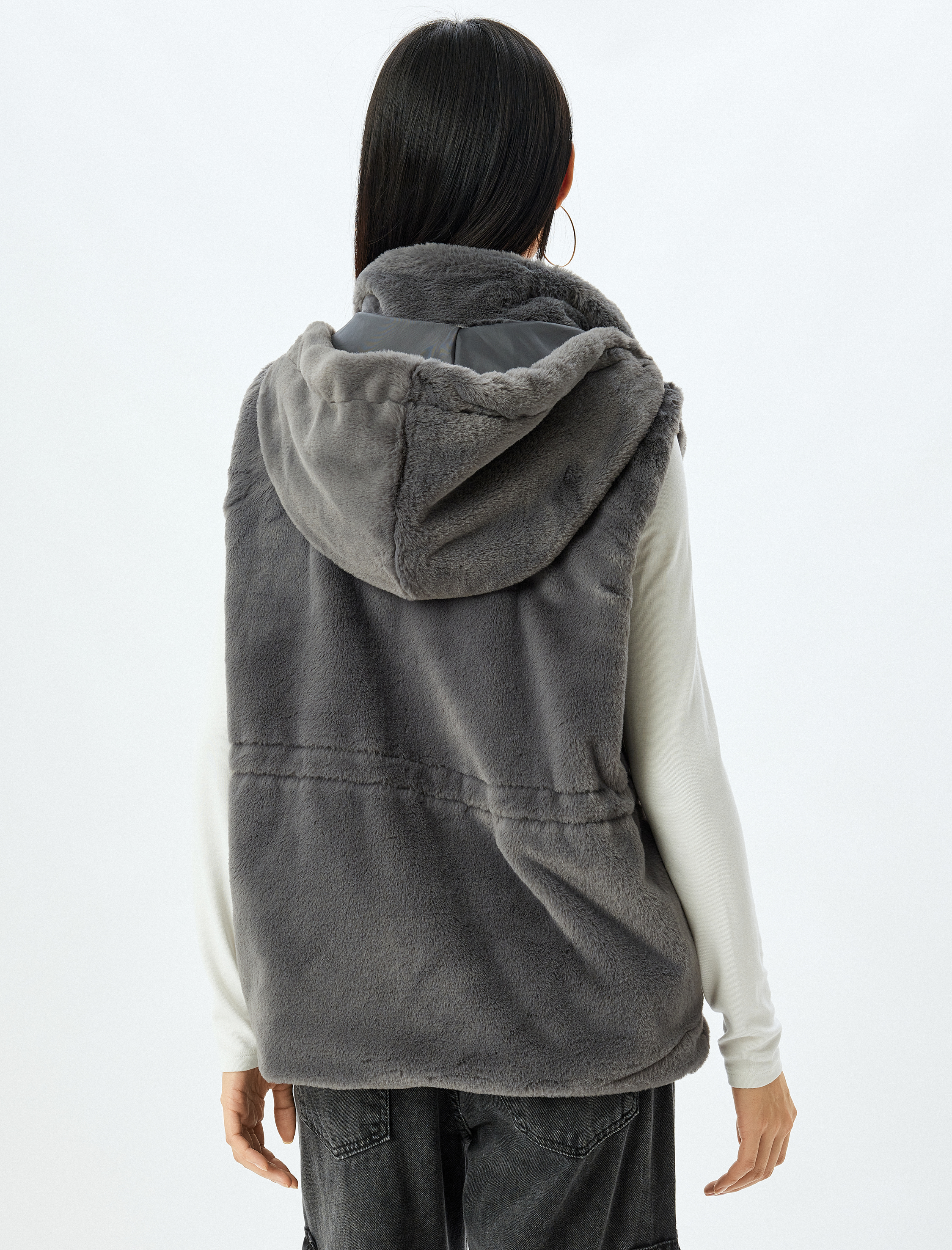   Kapüşonlu Çıtçıt Düğmeli Suni Kürk Yelek