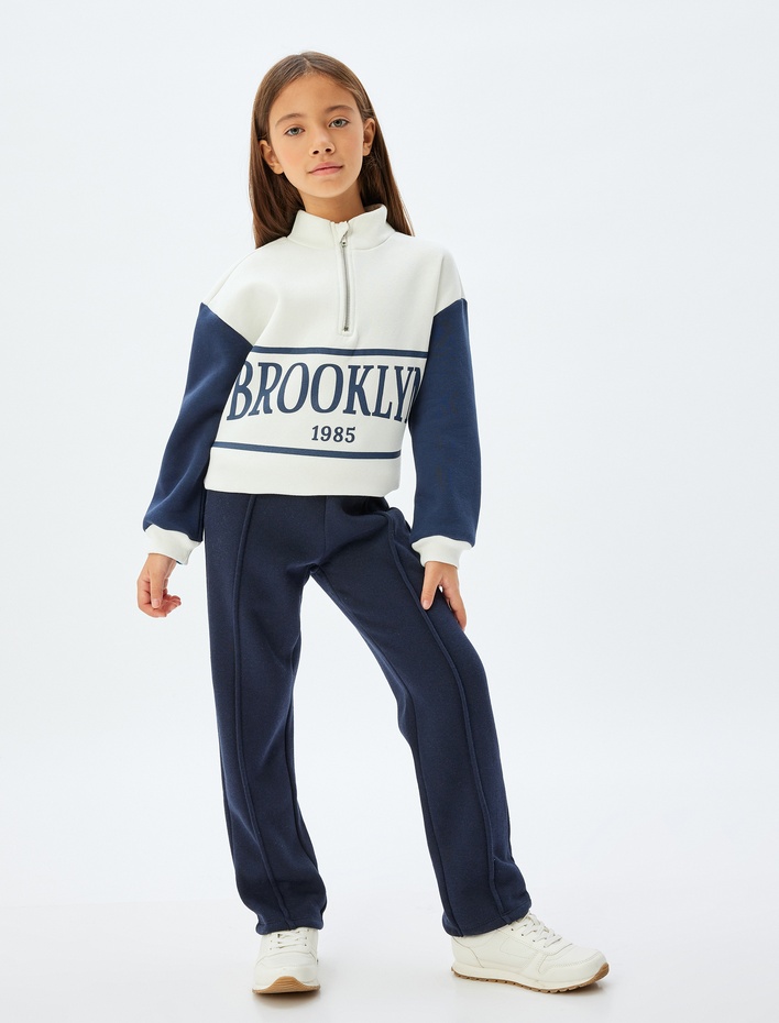 Kız Çocuk Sweatshirt Dik Yaka Yarım Fermuarlı Şehir Baskılı Uzun Kollu Şardonlu