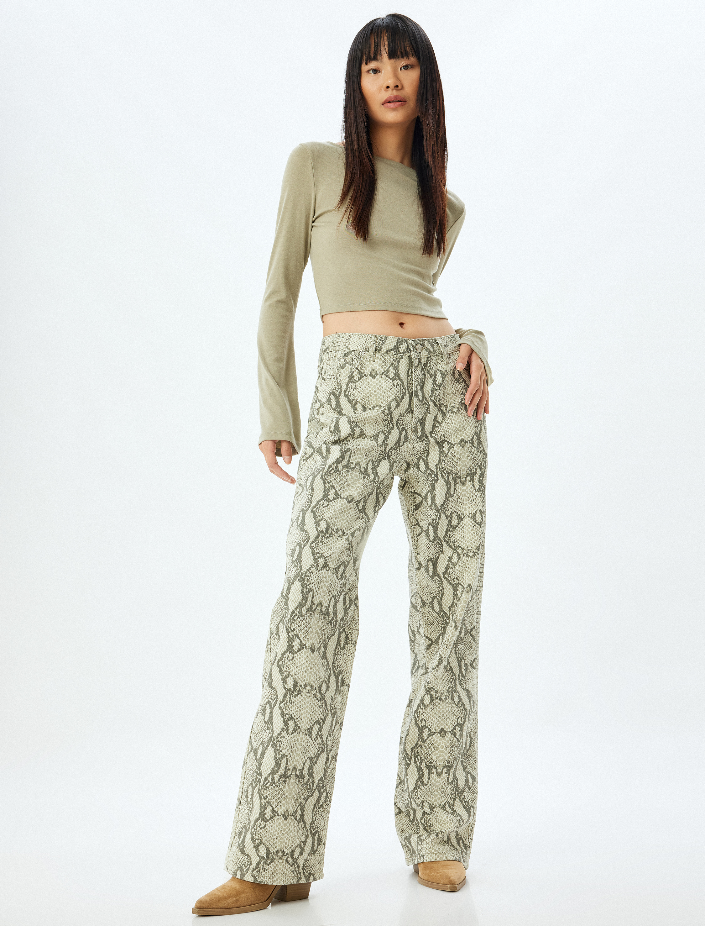   Yılan Derisi Desenli Pantolon Düz Paça Düğmeli Cepli Pamuklu