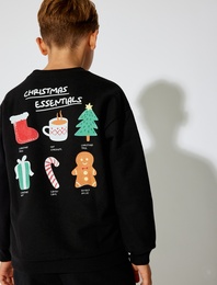 Sweatshirt Yılbaşı Temalı Baskı Detaylı Uzun Kollu Bisiklet Yaka Şardonlu