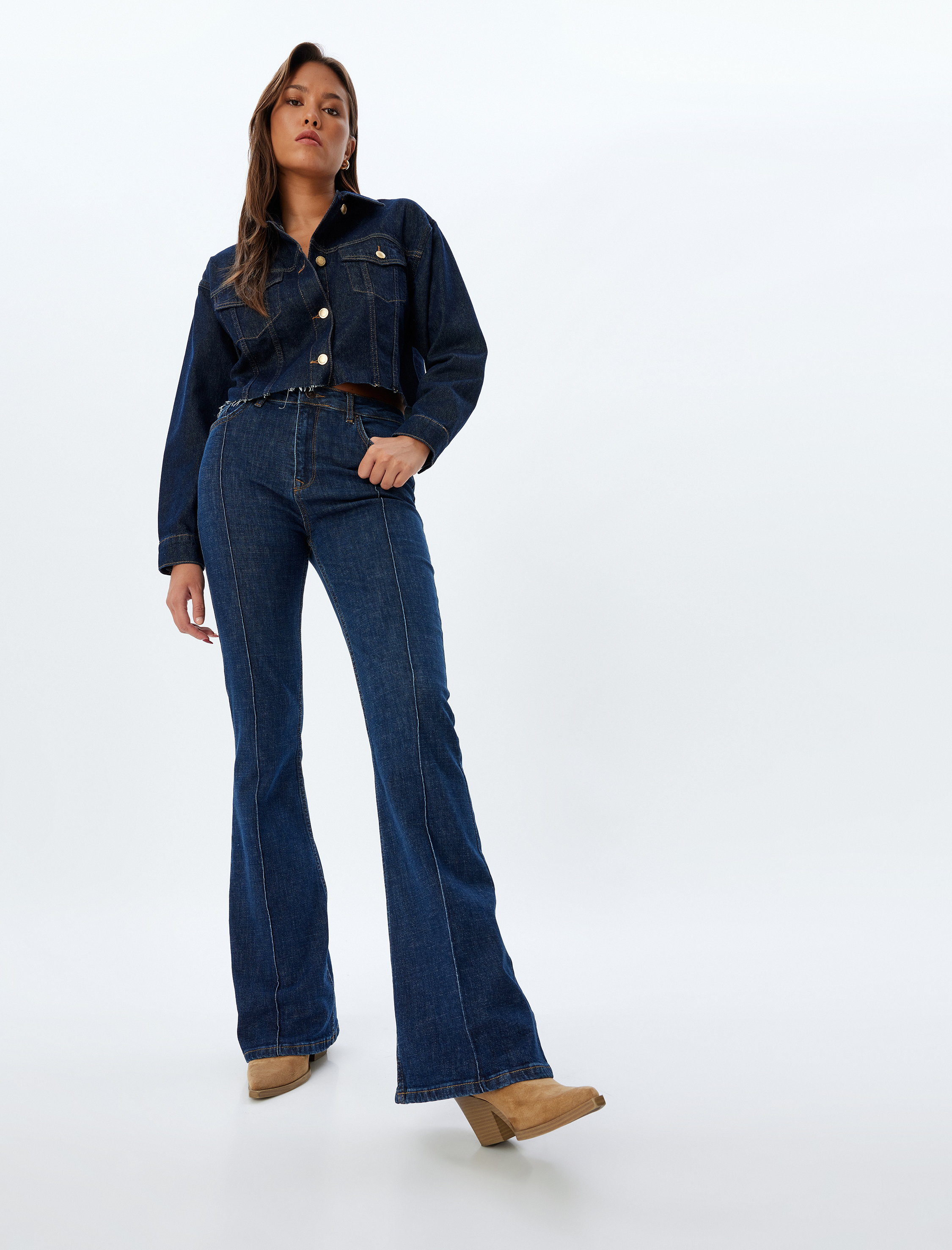   İspanyol Paça Kot Pantolon Yüksek Bel Slim Fit Nervürlü Düğmeli Pamuklu - Flare Jeans