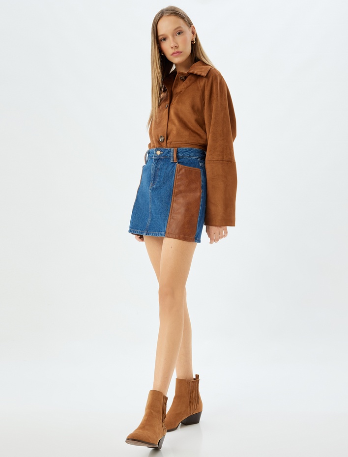  Yüksek Bel A Kesim Mini Kot Etek Suni Deri Detaylı