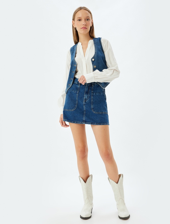  Mini Denim Etek Cep Detaylı Düğmeli Rahat Kalıp